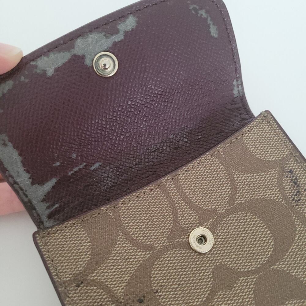 Coach Wallet Crossgrain Leather Tan Card Small Tifold Compact‎ Beige Damaged - Picture 8 of 10